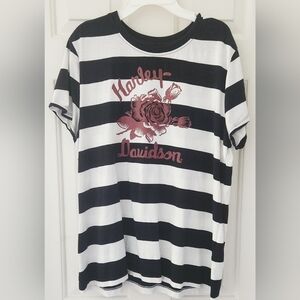 Harley Davidson Forever Rose Black & White Stripe Cap Sleeve T-Shirt  Women's XL